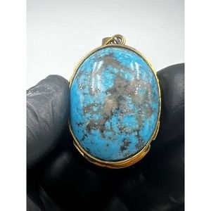 Natural Turquoise Pendant Metal Brass Handmade With Rope